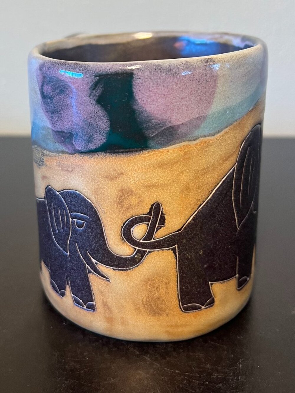 Handcrafted MARA STONEWARE Sgraffito Pottery Etched Elephant Mug Artist Signed - Picture 3 of 12